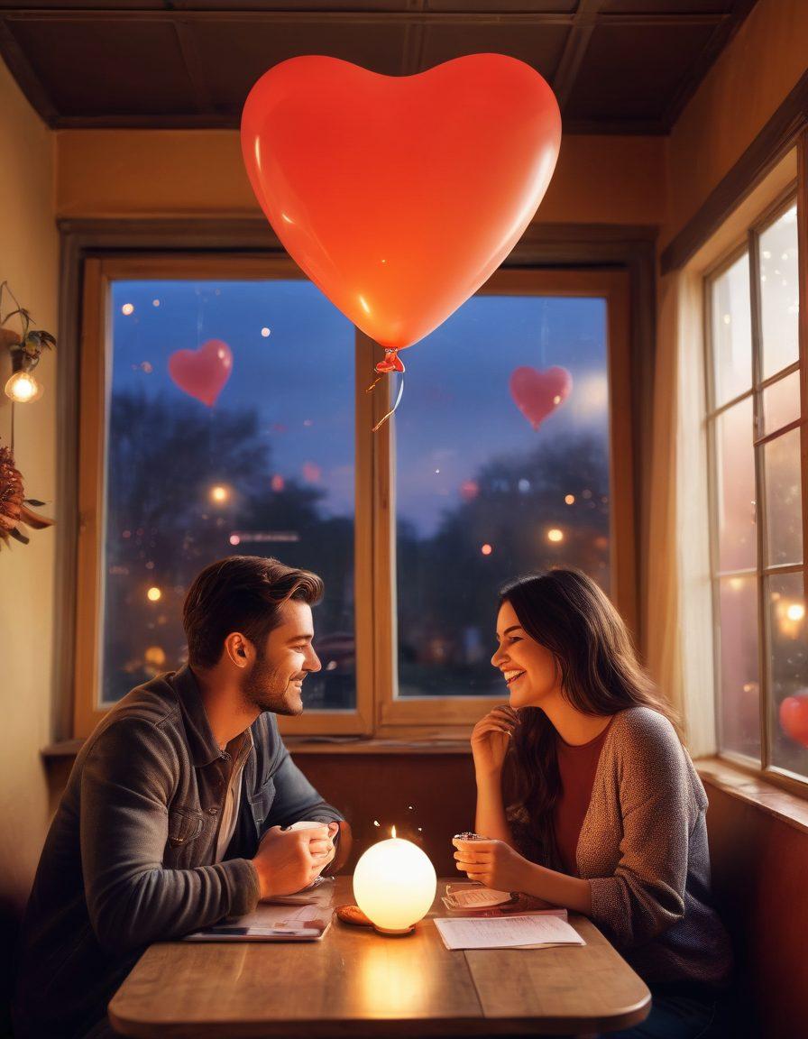 A couple sitting at a cozy café table, laughing and sharing a dessert, surrounded by warm, ambient lighting and soft music notes floating in the air. In the background, a chalkboard lists romantic tips, while a heart-shaped balloon and a subtle sunset create a romantic atmosphere. The image should evoke feelings of warmth, joy, and connection. super-realistic. vibrant colors. warm tones.
