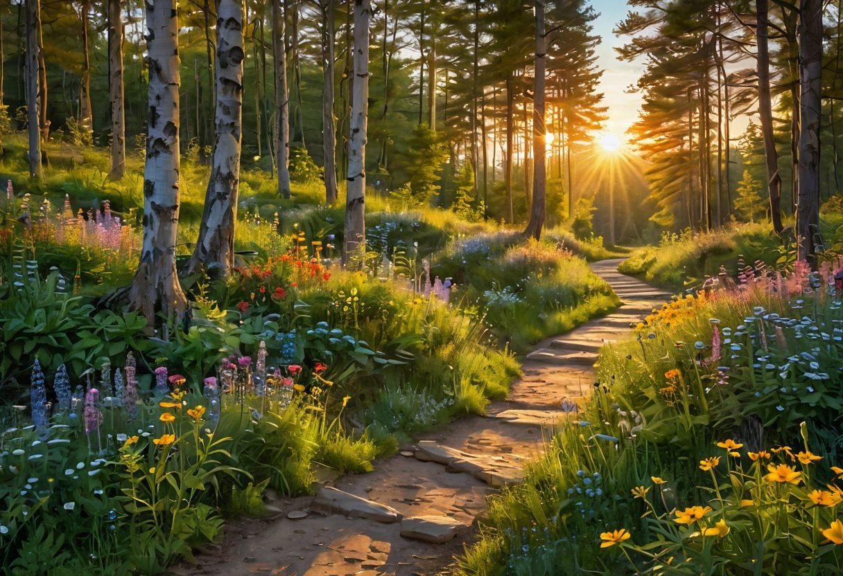 A serene landscape depicting a winding path through a lush forest, symbolizing the journey of self-exploration. Alongside the path, vibrant wildflowers bloom, representing joy and discovery. In the distance, the sun sets, casting a warm golden glow, inviting the viewer to embrace their inner pleasure. A figure stands at the path's entrance, contemplating the adventure ahead. dreamy, vibrant colors, soft focus.