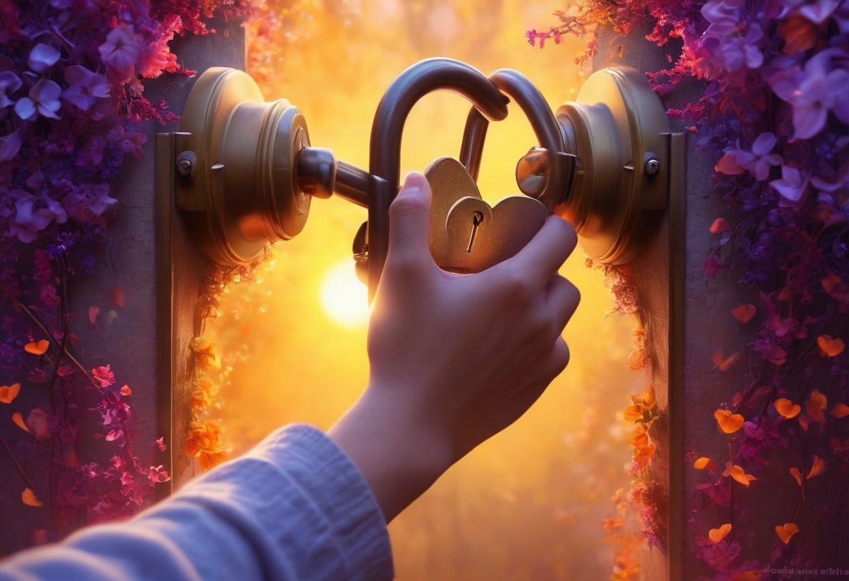 An ethereal scene depicting an open lock with warm, glowing light spilling from it, surrounded by abstract symbols of intimacy like hearts, intertwined hands, and soft floral elements. In the background, a peaceful couple shares a tender moment, emphasizing connection and love. The colors should be inviting and lush, with hints of purples and golds to create an aura of warmth and enchantment. The overall mood should evoke a sense of discovery and pleasure. super-realistic. vibrant colors. soft focus.